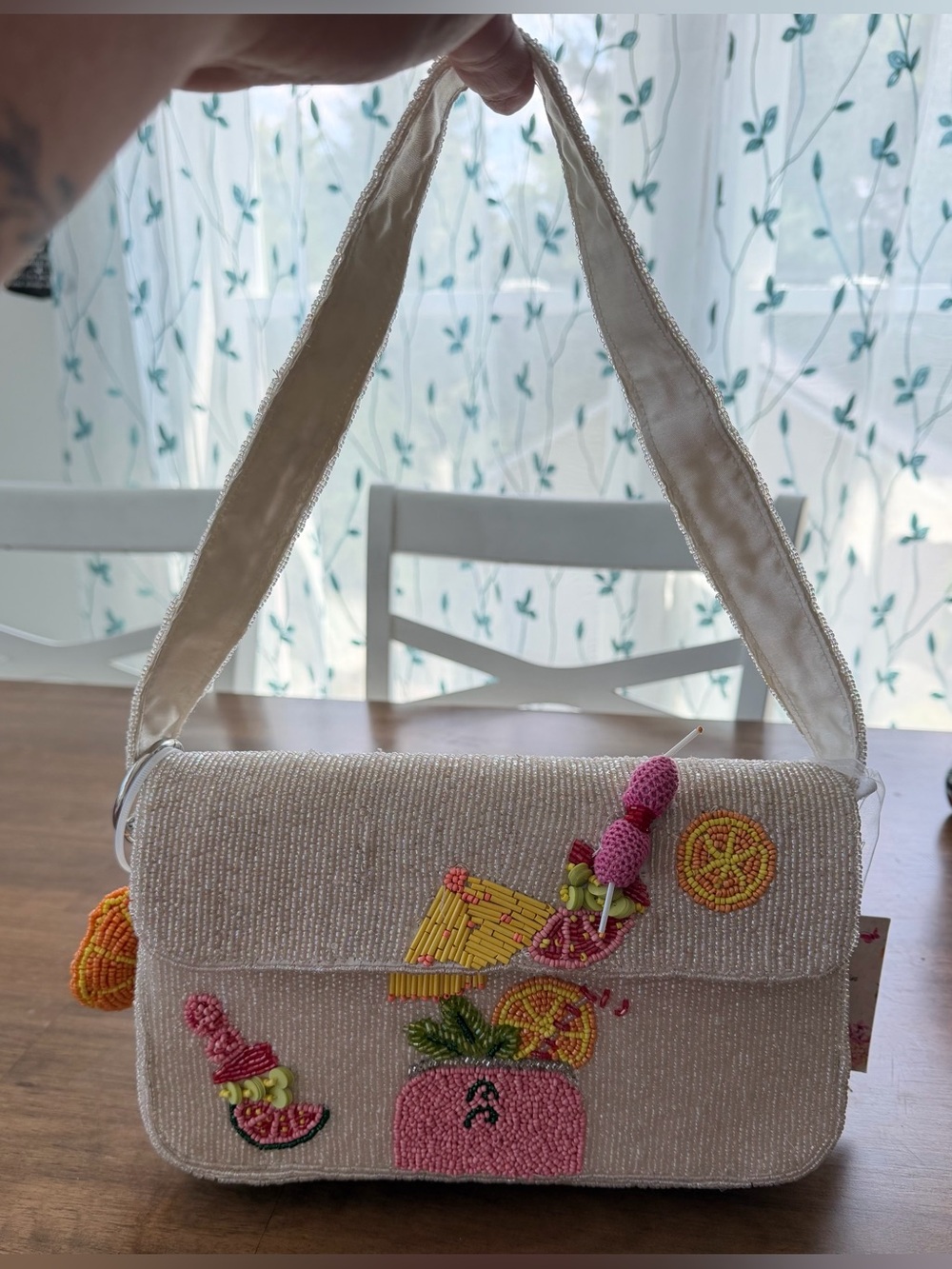 Hand Beaded Cream Crossbody Bag with Pink Citrus Cocktail Motif